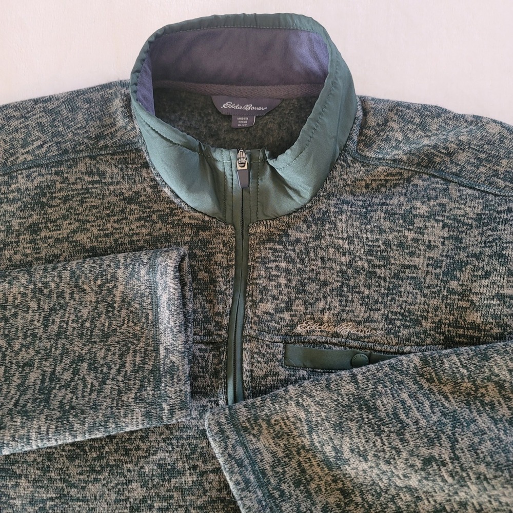 Eddie Bauer Mens XL Green Marled Quarter Zip Fleece Pullover Sweater Jacket